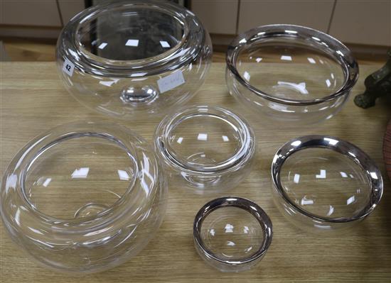 Three graduated Royal Copenhagen art glass bowls and three others